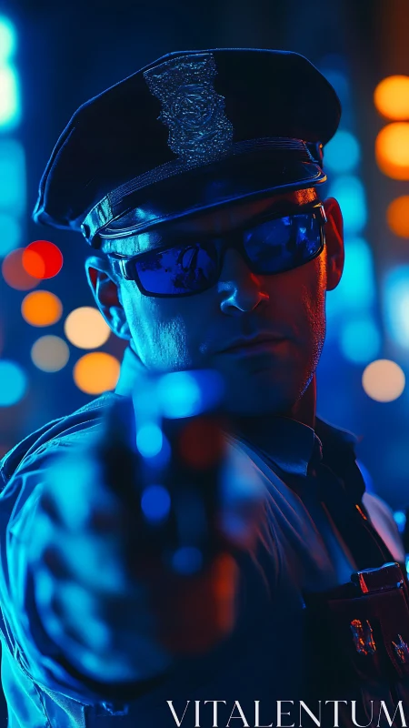 Neon-lit police officer aiming forward in dramatic close-up.