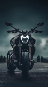 Midnight sport motorcycle under stormy coastal sky.