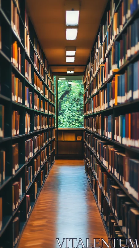 Narrow library aisle with tall bookshelves and window.