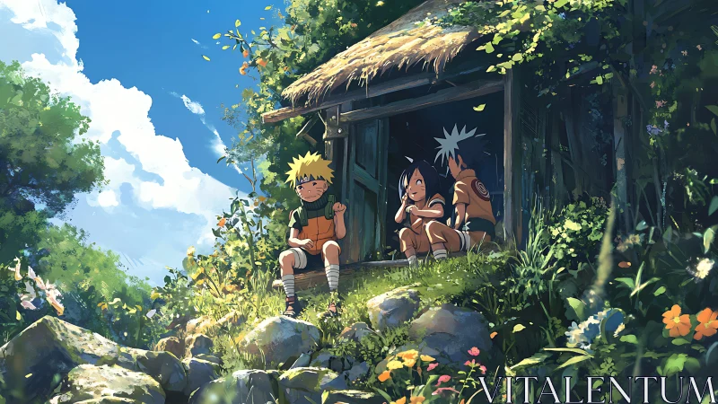 Sunlit forest hideout with three anime trainees resting.