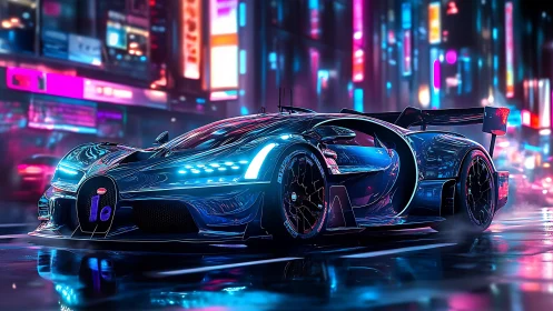 Neon drenched supercar glides through a glowing cyber city night