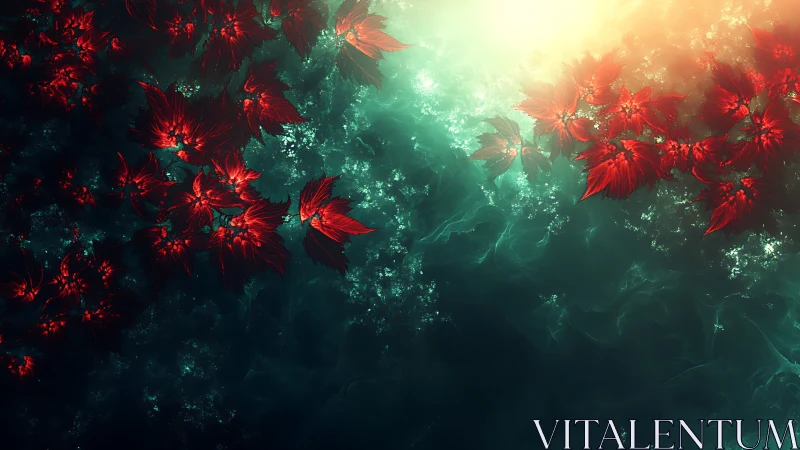 Luminous red blossoms drifting through a glowing teal dream.