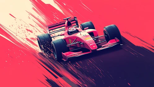 Red Formula racing car in dynamic digital motion blur.
