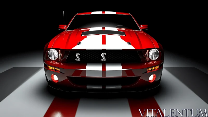 Red racing muscle car front view with bold white stripes.