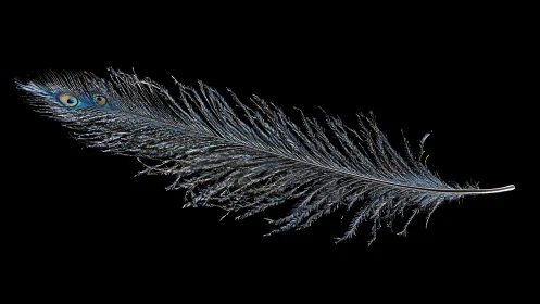 Macro study of a single iridescent peacock feather on black.