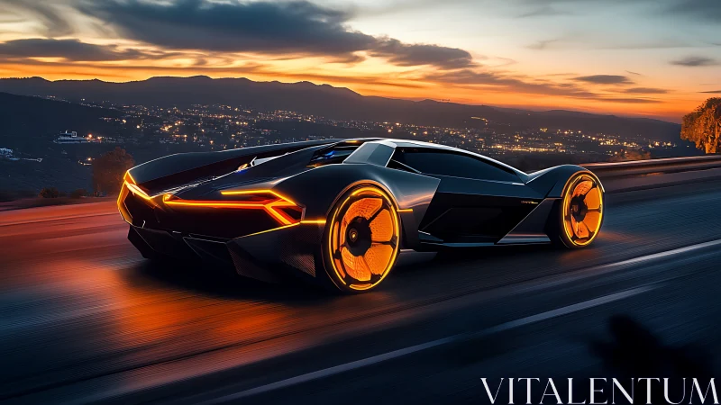 Futuristic concept supercar with neon wheels at sunset.