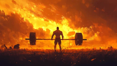 Silhouetted powerlifter holding barbell against blazing sky.