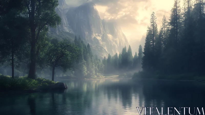 Volumetric dawn over alpine river and glacial escarpment.