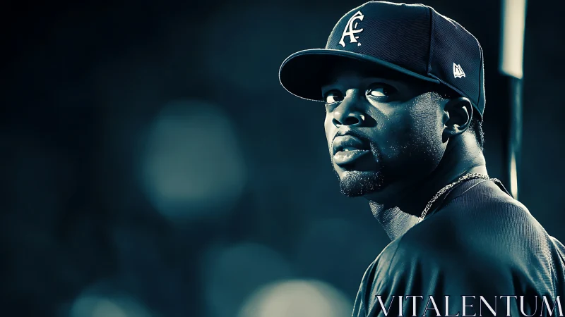 Focused baseball player in cap under cool stadium lights.