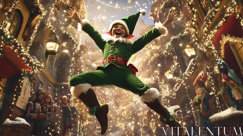 Photorealistic festive elf leaping in illuminated winter street.