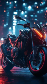Neon street motorcycle glows under futuristic city lights.