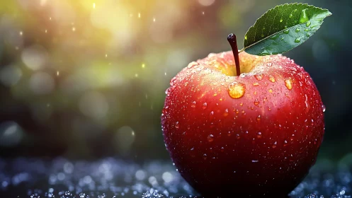 Single wet red apple stands upright against blurred bokeh