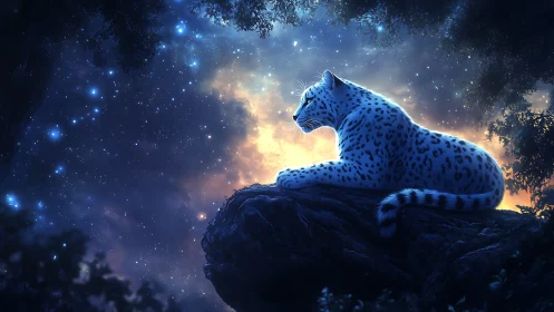 Snow Leopard on Mountain Peak at Night.