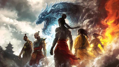 Warriors walking with a storm-swept spirit dragon companion.