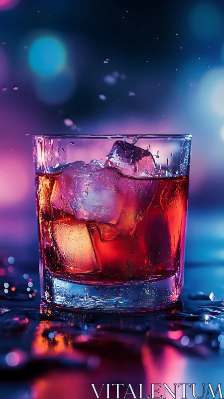 Beverage with Ice in Ambient Neon Lighting