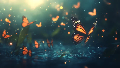 Magical Monarch Butterflies in Dreamy Forest Light, Digital Art.