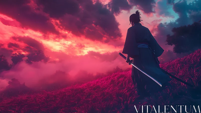 Solitary samurai contemplates a neon-lit, stormy horizon.