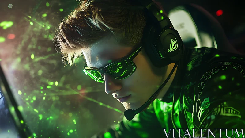 Esports gamer locks focus in neon green tournament glow.