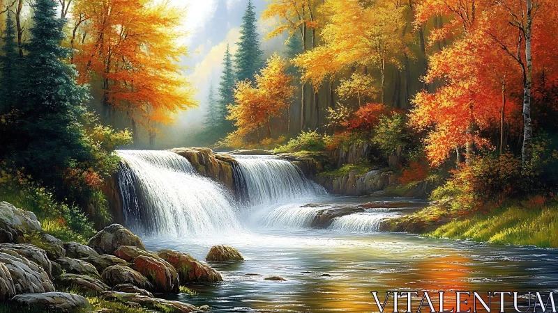 Luminous autumn waterfall landscape in high-detail digital painting.