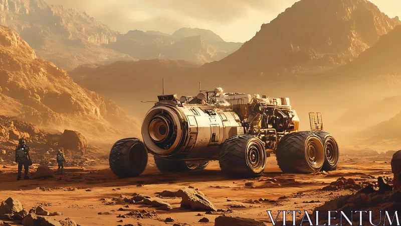 Desert rover rests quietly beneath warm alien mountains.