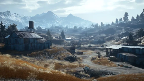 Deserted mountain mining outpost under cold winter light.