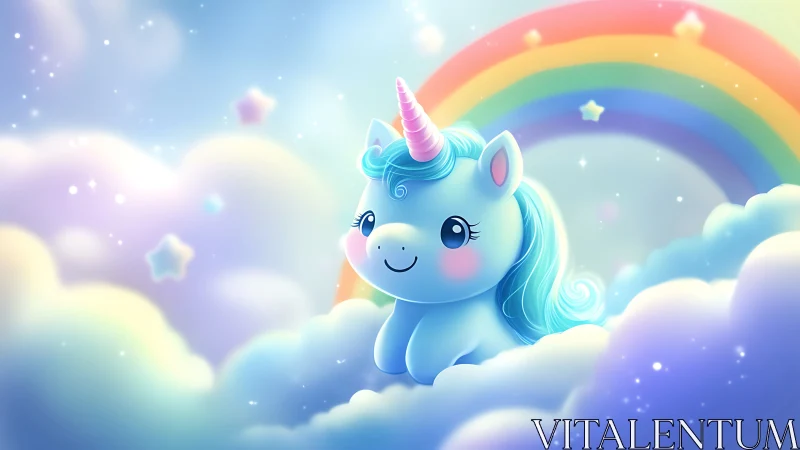 Smiling pastel unicorn rests in dreamy rainbow cloudland