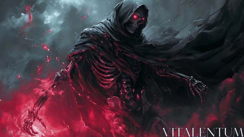 Hooded skeletal wraith advances through red spectral flames