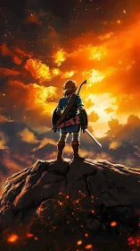 Heroic silhouette under blazing cinematic sunset sky.