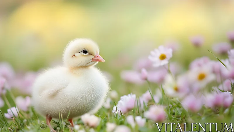 White gosling amid spring flowers. Nature portrait.