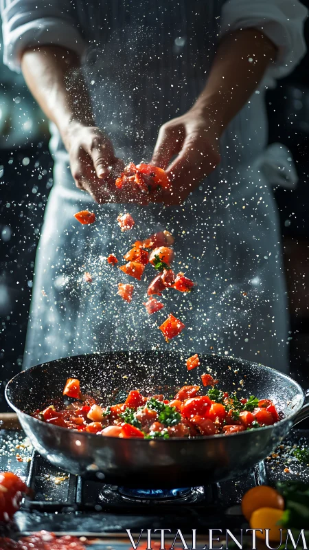 Chef tosses diced tomatoes and herbs over hot frying pan