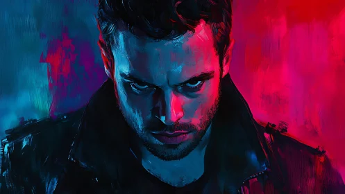Brooding man in neon light stares with intense focus
