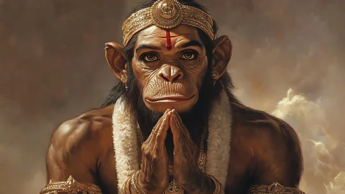 Simian figure in ornate regalia with joined hands pose.