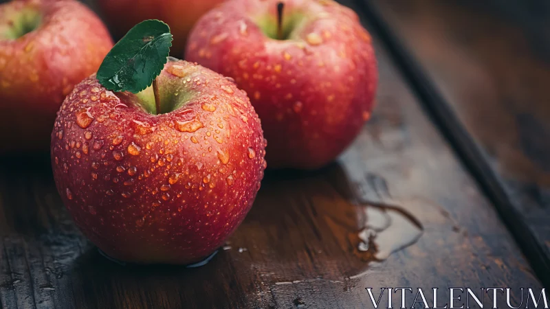 Fresh red apples with water droplets on rustic wood.