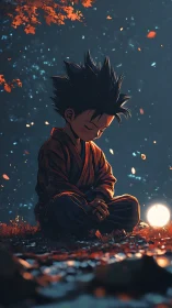 Young robed monk meditates beside luminous orb in bokeh night