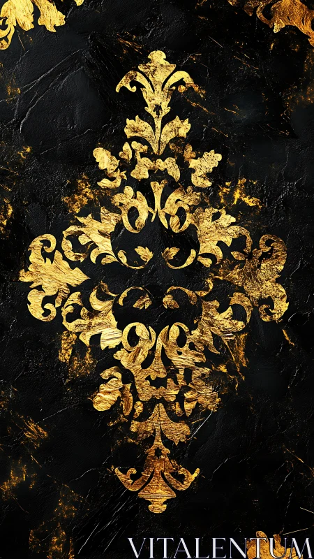 Gold baroque ornamental motif on textured black background.