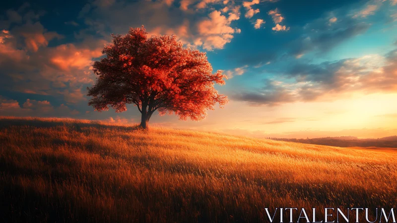 Solitary red tree on windswept grass hill at dramatic sunset
