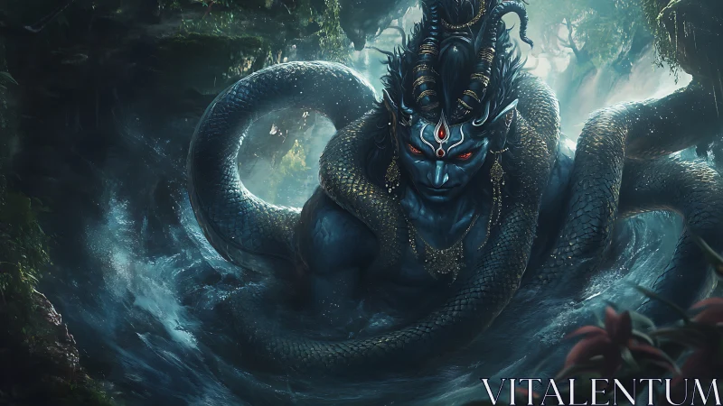 Serpentine humanoid entity emerging within dense forest water.