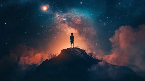 Stargazer on a glowing peak under a swirling cosmic sky.
