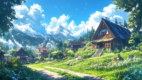 Sunny alpine village path with wooden cottages and peak.