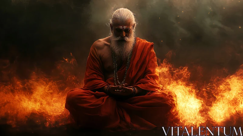 Meditating elderly sage in orange robes amid controlled fire.