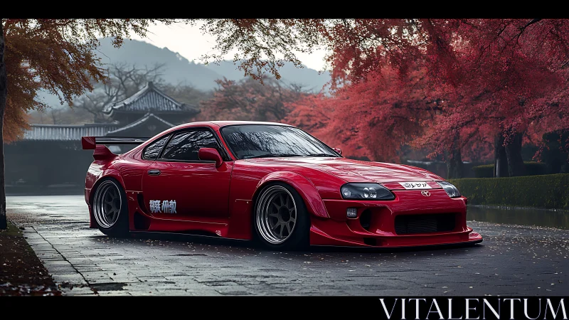 Modified red Toyota sports car under red autumn trees.