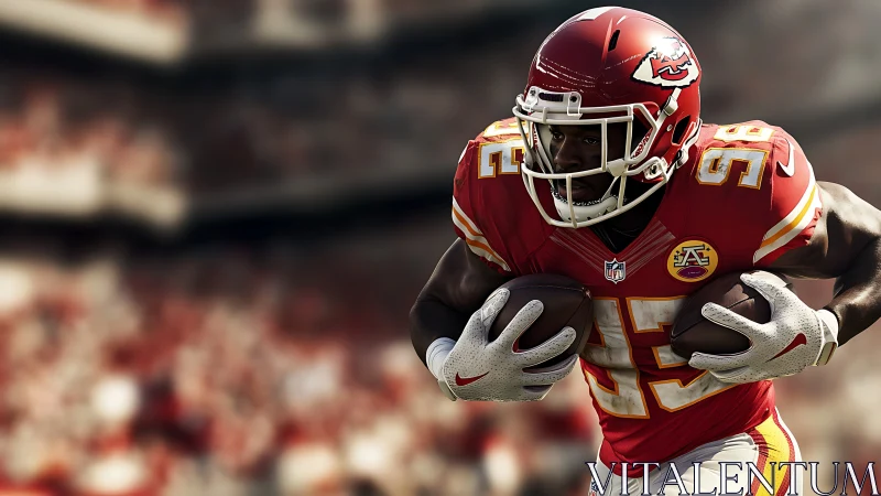 Gridiron running back in motion with dynamic stadium bokeh.