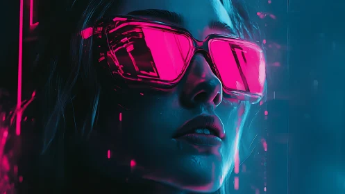 Cyberpunk portrait with magenta visor glasses in neon bicolor