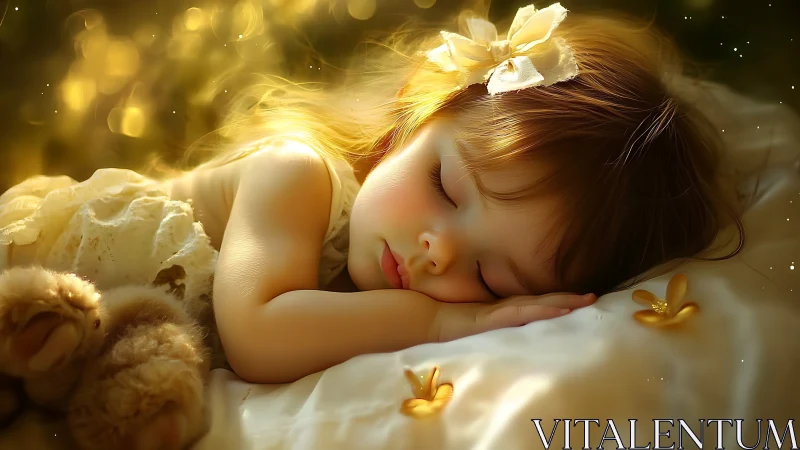 Sleeping child surrounded by golden light and ethereal flowers