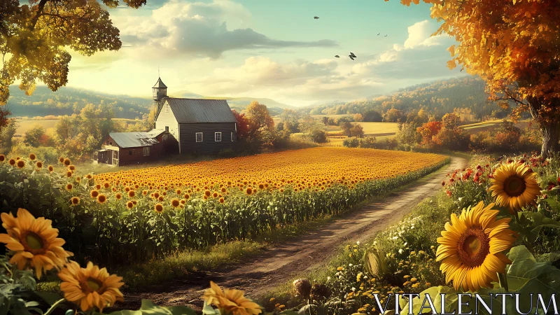 Sunlit agrarian panorama with structured sunflower cultivation.