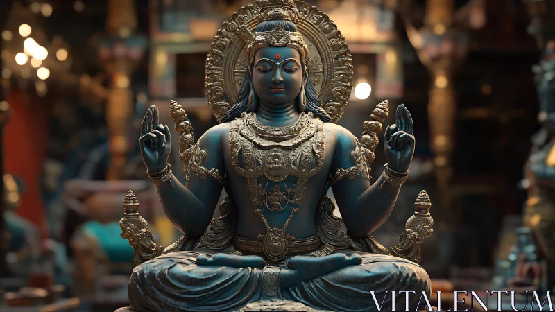 Sacred bronze deity statue in ornate meditative pose.