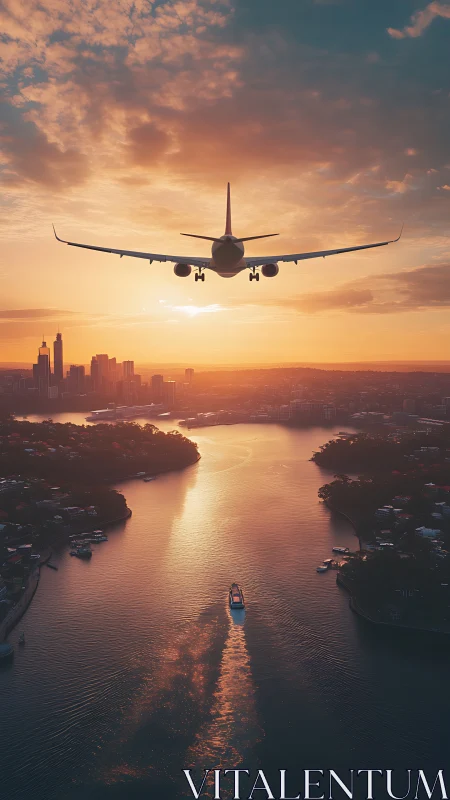 Sunset airliner over river corridor with glowing wake trail.