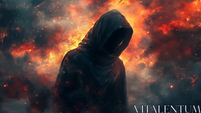 Hooded void figure amid apocalyptic cosmic firestorm.