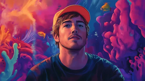 Dreamy underwater portrait bathes a young man in neon light