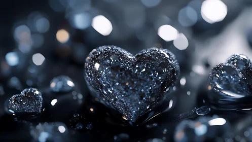 Glistening glass hearts shimmer in a cool night ambiance
